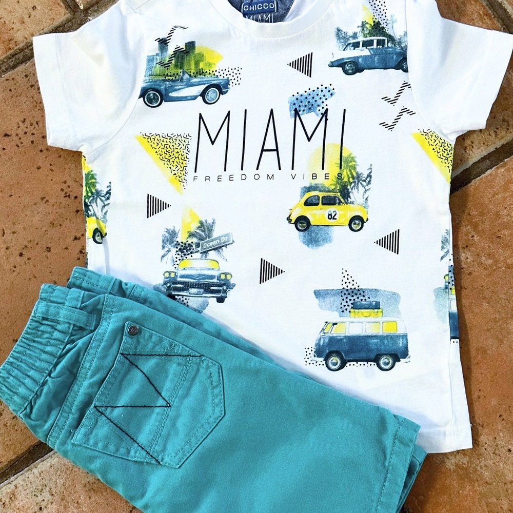 Mayoral Boys White Miami Graphic Tee with Teal Shorts